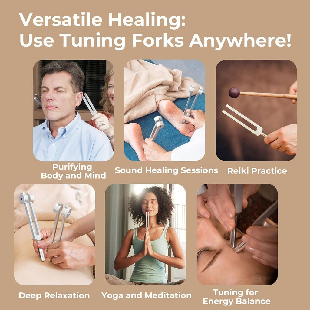 Healing tuning fork set with four silver forks shown for at-home sessions