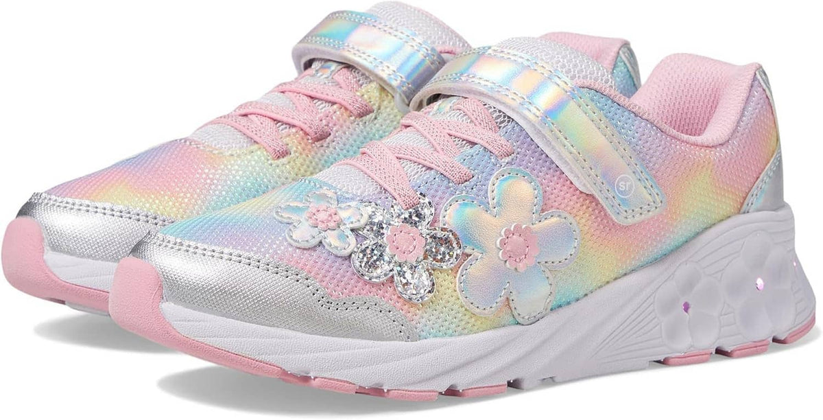 Kids iridescent silver-pink sneakers with butterfly appliques, padded pink tongue, and hook strap.