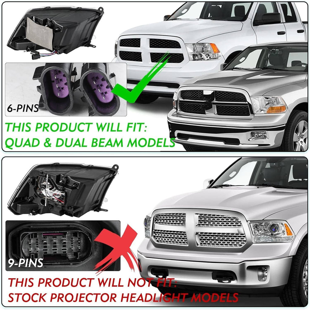 Black projector headlight housing with 6-pin connectors for quad/dual beam models