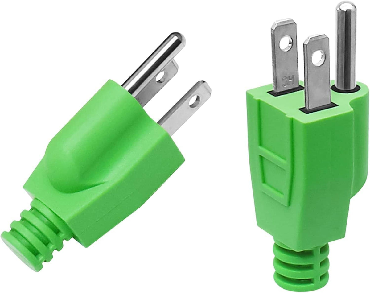Green grounding plug pair from side and front views with exposed metal prongs