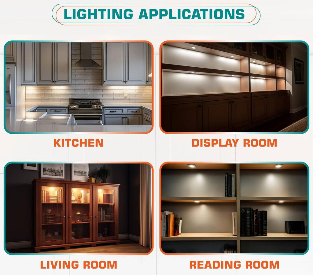 LED puck lights shown installed under cabinets and in display room shelving