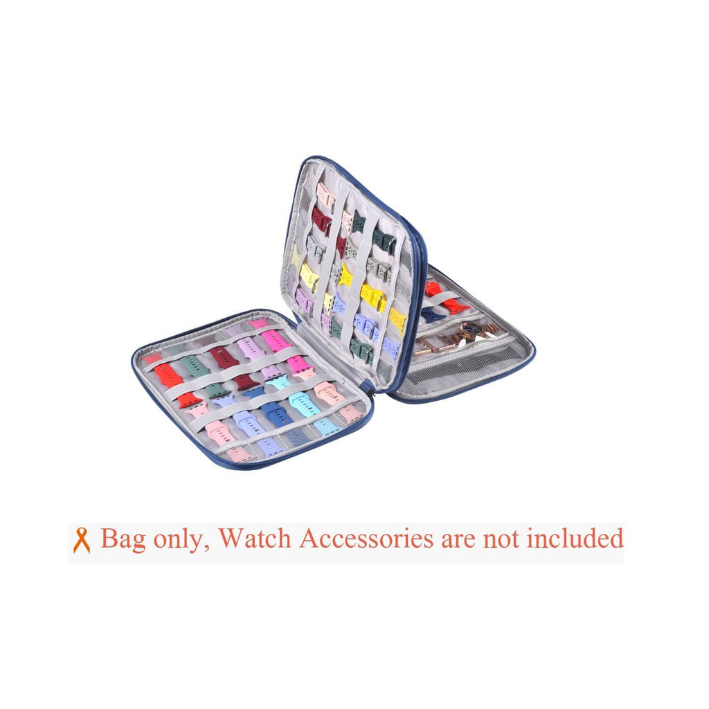 Blue watch band storage case organizer with two compartments holding many watch bands