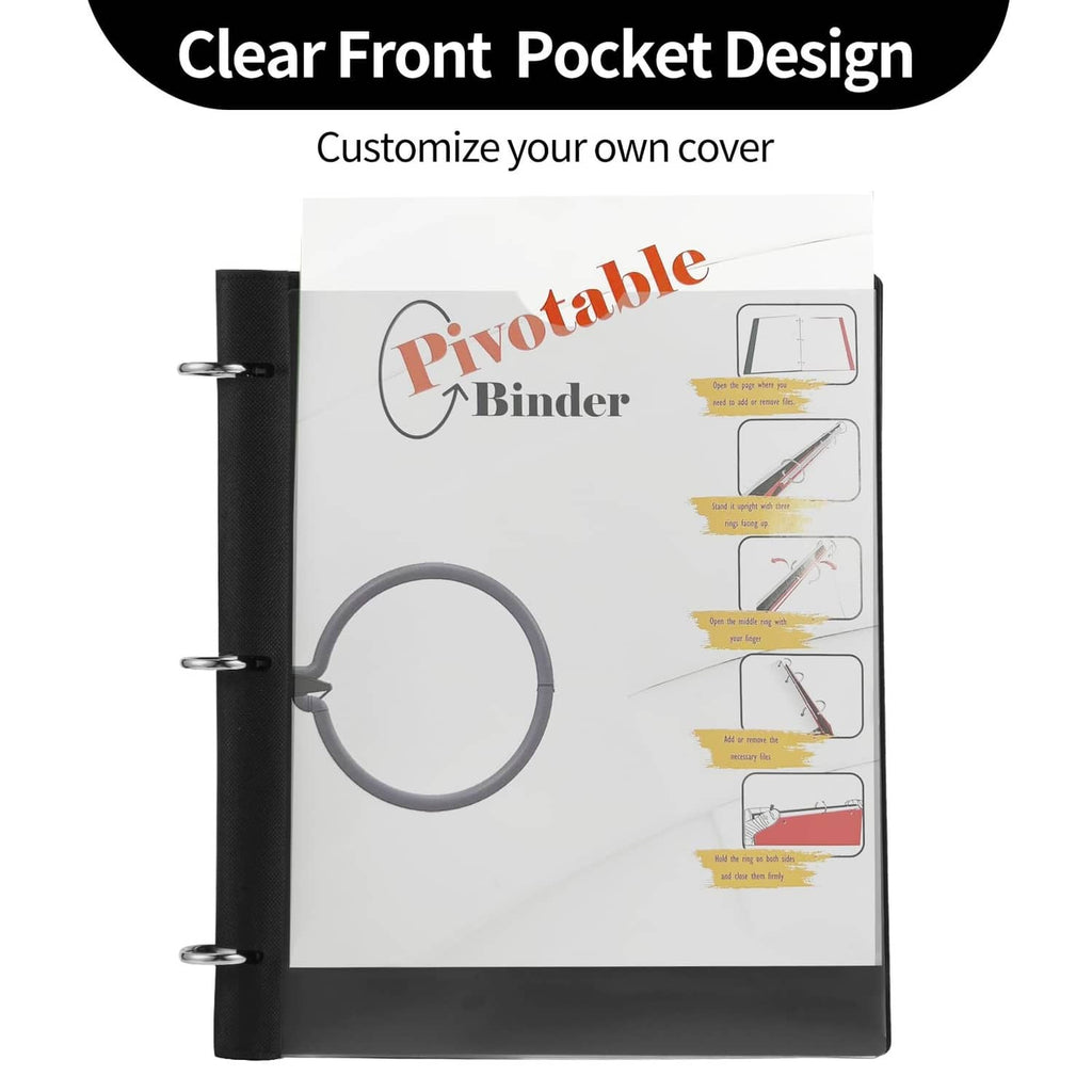3-ring binder with clear front pocket and ring mechanism, white cover with black binding