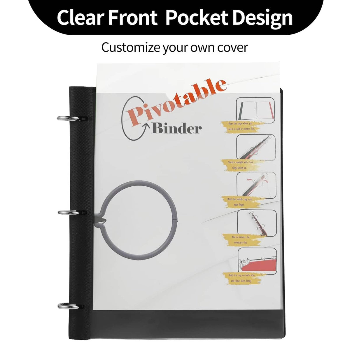 3-ring binder with clear front pocket and ring mechanism, white cover with black binding