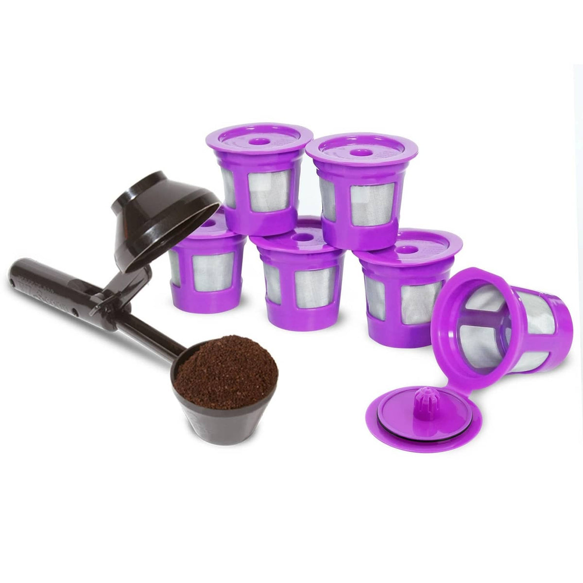 Purple reusable K-cup style coffee pods set with scoop, lids, and filter cups