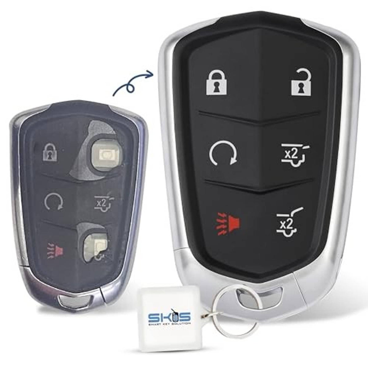 Key fob shell replacement set: black button face and silver casing, with key ring