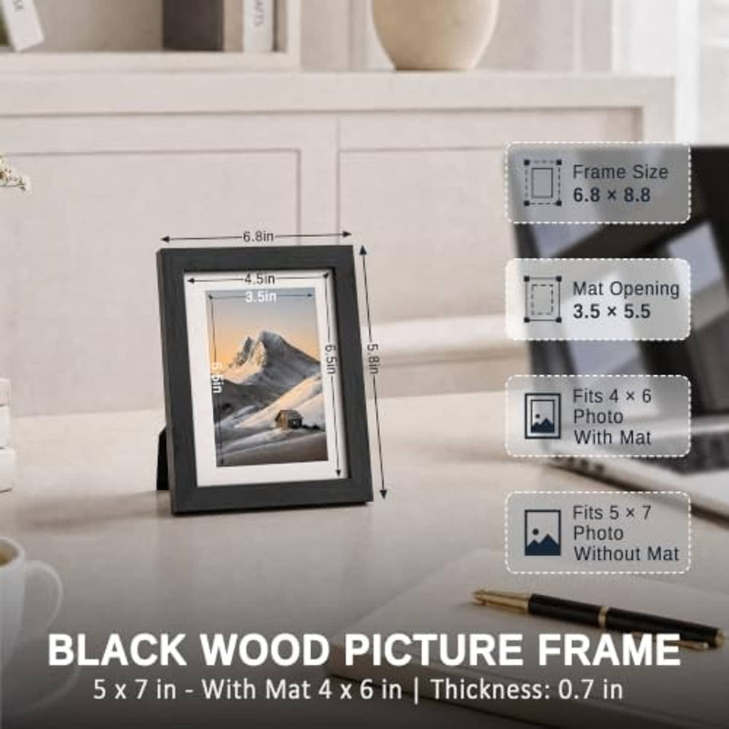Black 5x7 picture frame with white 4x6 mat opening and tempered glass
