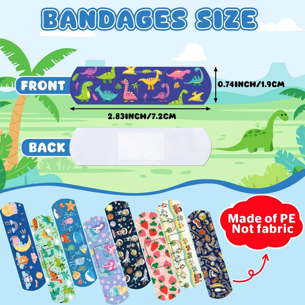Kids cartoon bandage size diagram with front and back cushioned pad