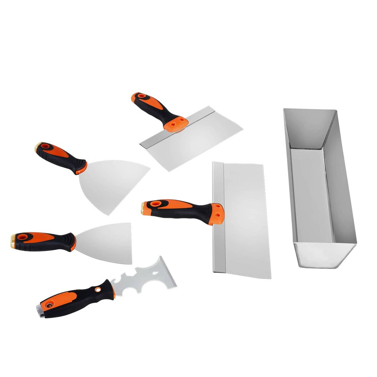 Paint scraper knives and mud pan set with orange-black handles and metal blades
