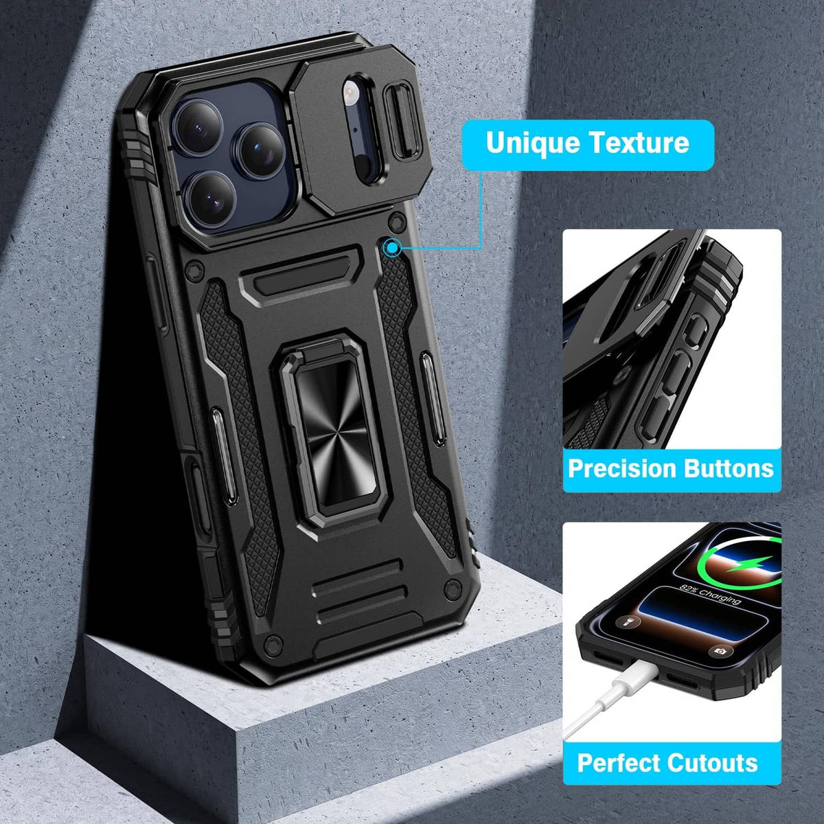 Black rugged phone case with textured back, side cutouts, and precision buttons