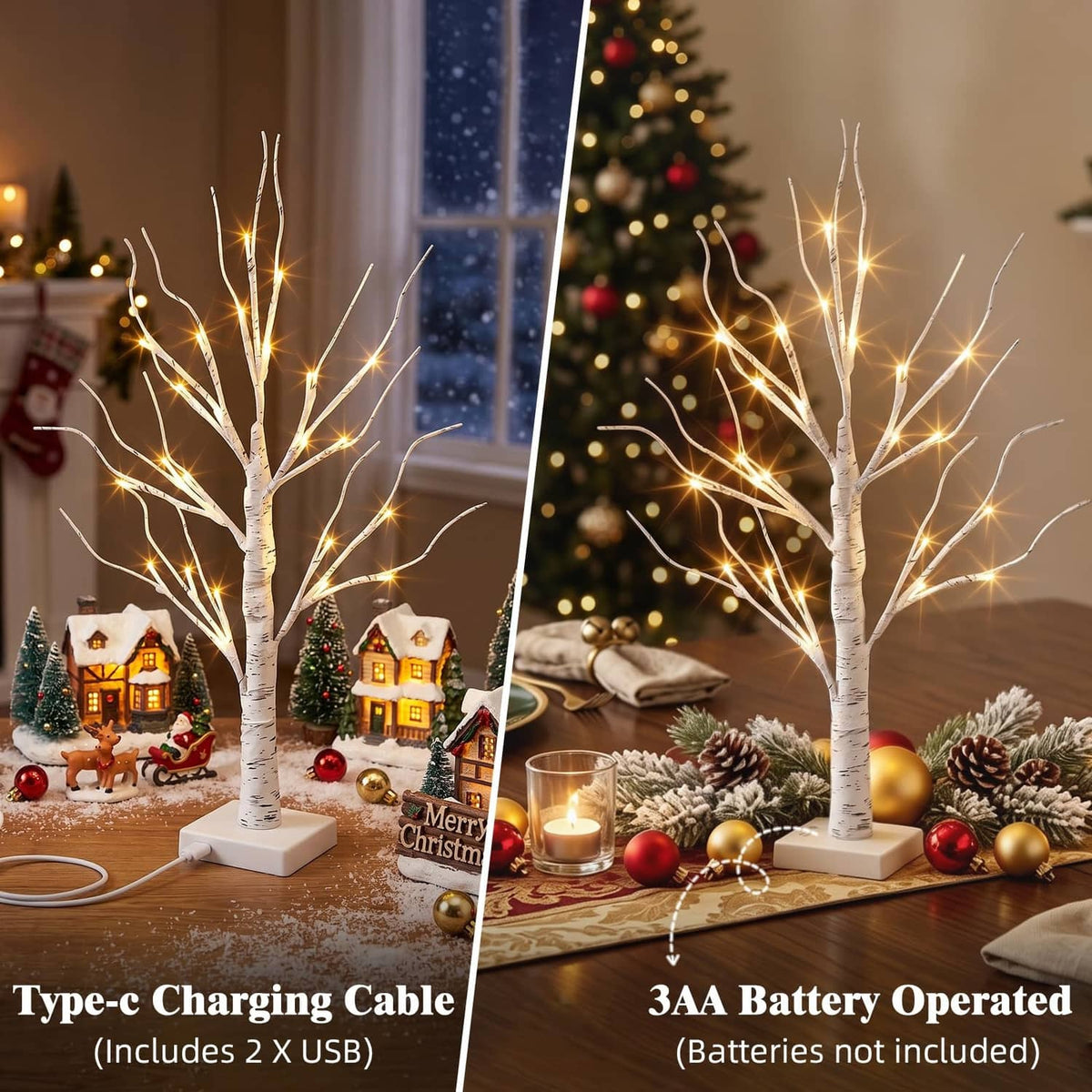 Two white LED birch tree decorations with warm lights and square bases in a festive display