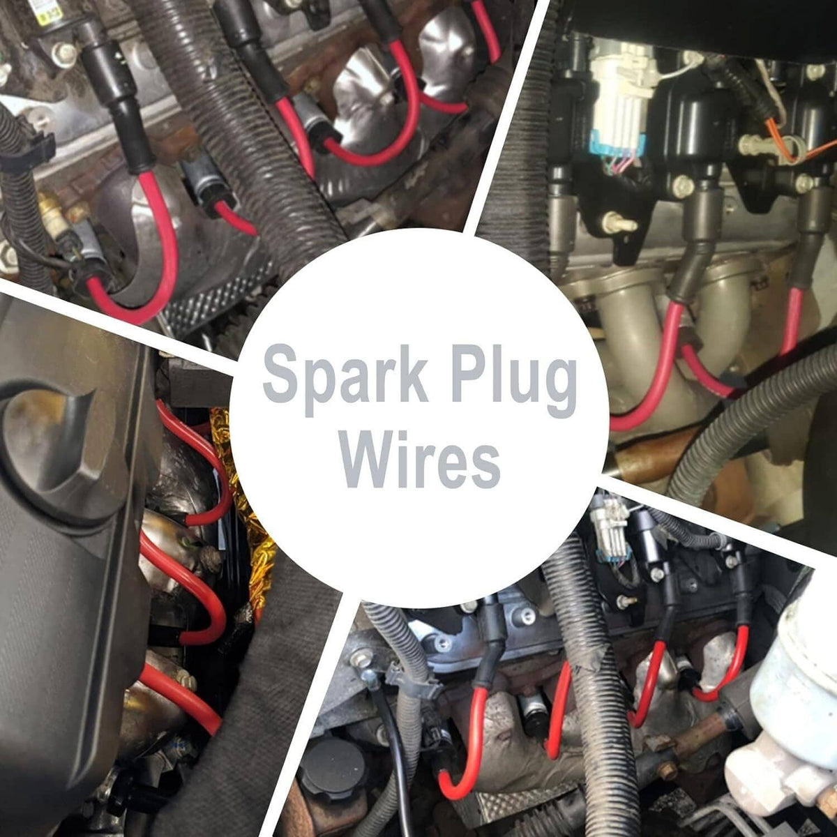 Spark plug wire set with red leads and black boots, installed on engine