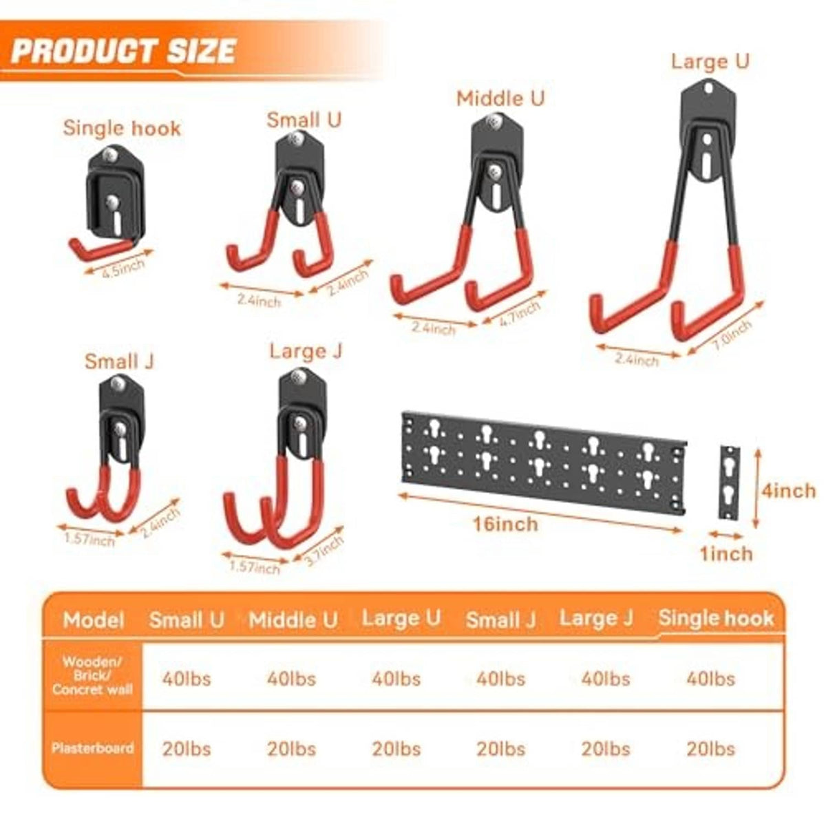 Garage storage hook sizes chart: black hooks with red-orange U shapes and track