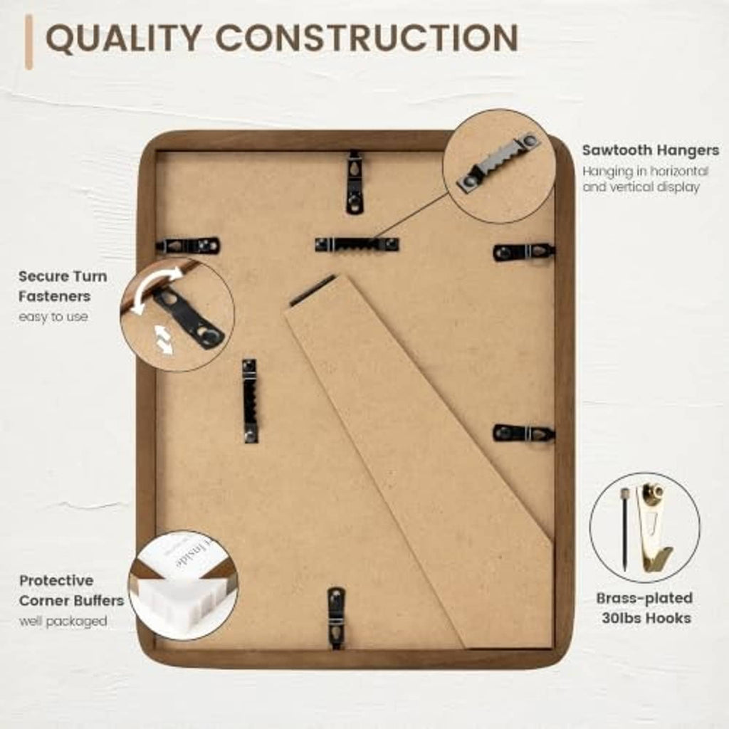 Back view of walnut picture frame with mounting hardware and backing board