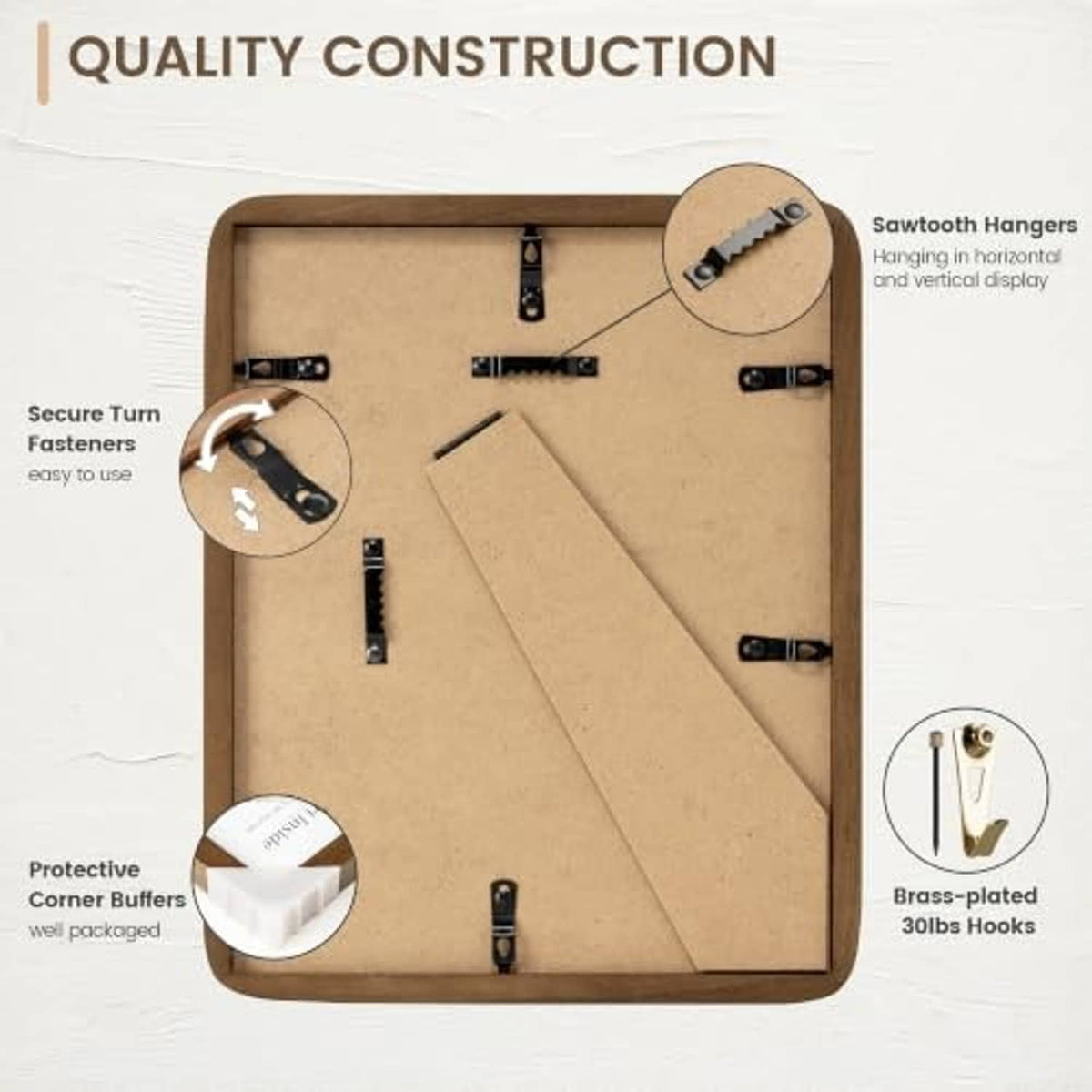 Back view of walnut picture frame with mounting hardware and backing board