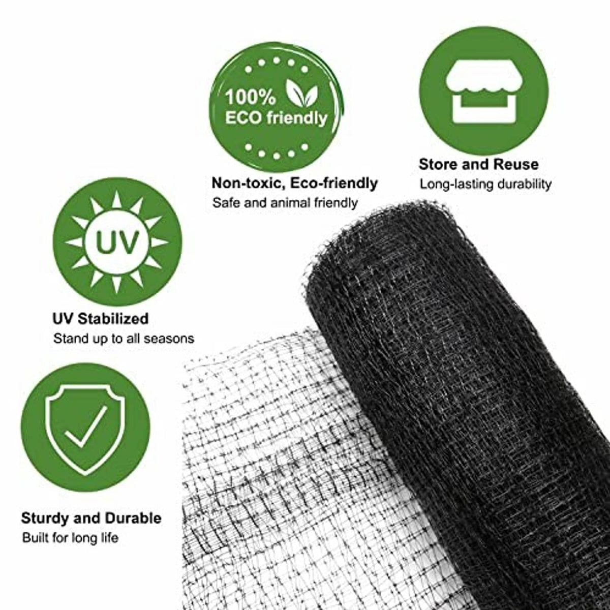 Black UV-stabilized garden netting roll with durable square mesh pattern
