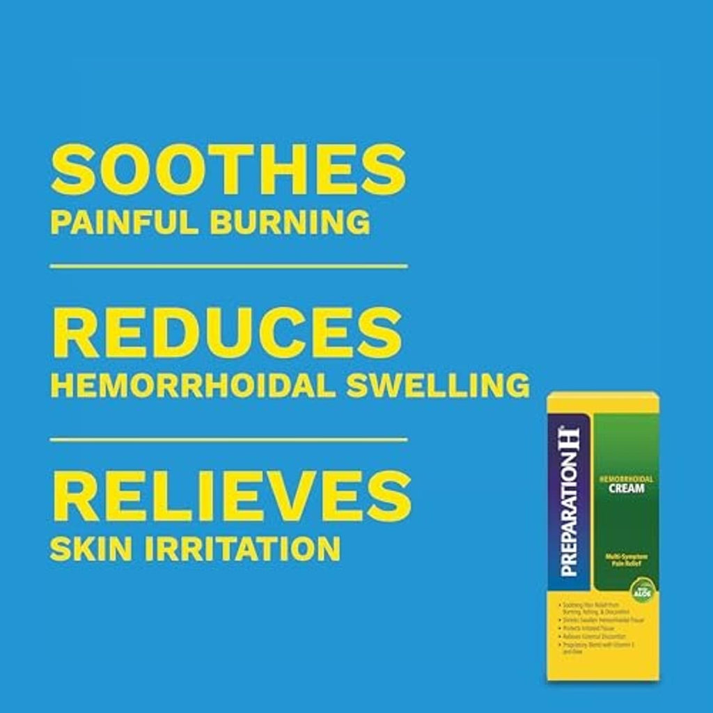 Pain relief benefits infographic with small hemorrhoidal cream box and aloe