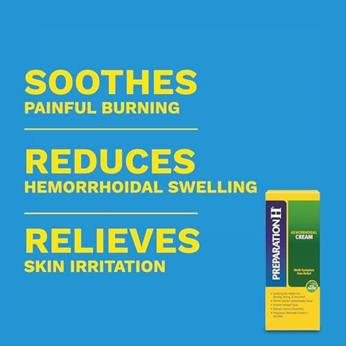 Pain relief benefits infographic with small hemorrhoidal cream box and aloe