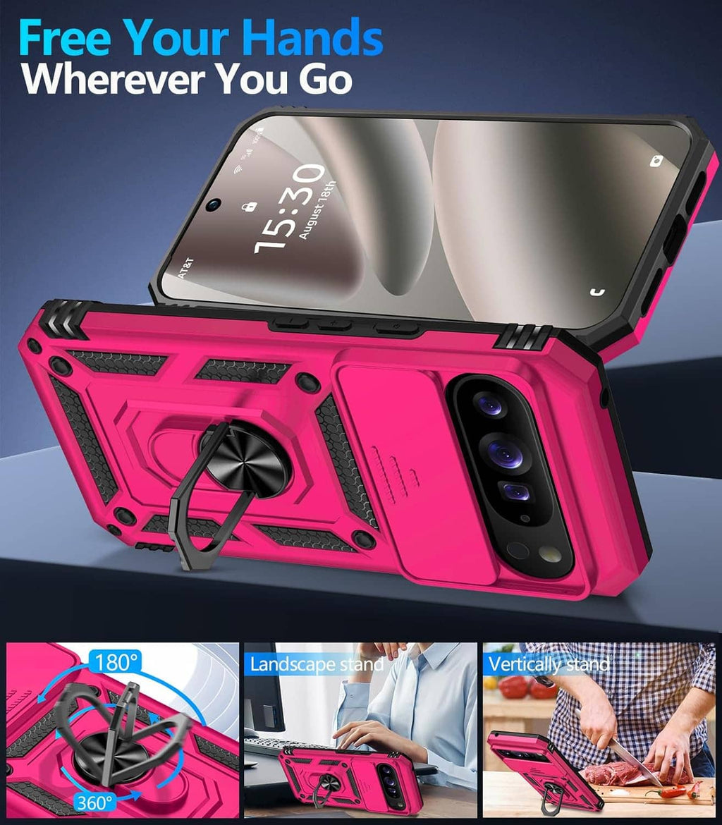 Rugged pink Pixel case with raised edges, visible camera cutouts and lens cover