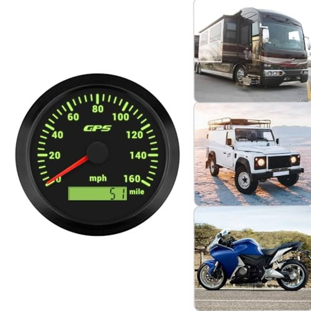Round GPS speedometer gauge with green backlight, mph dial and mileage readout