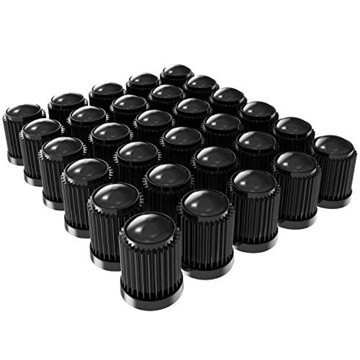 Pack of black tire valve stem caps with glossy tops and red inner inserts