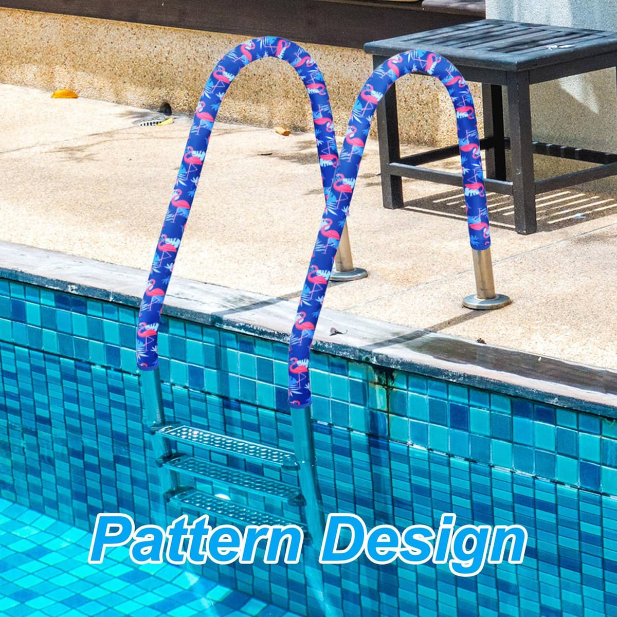 Blue flamingo-patterned pool handrail covers on rails along the pool edge