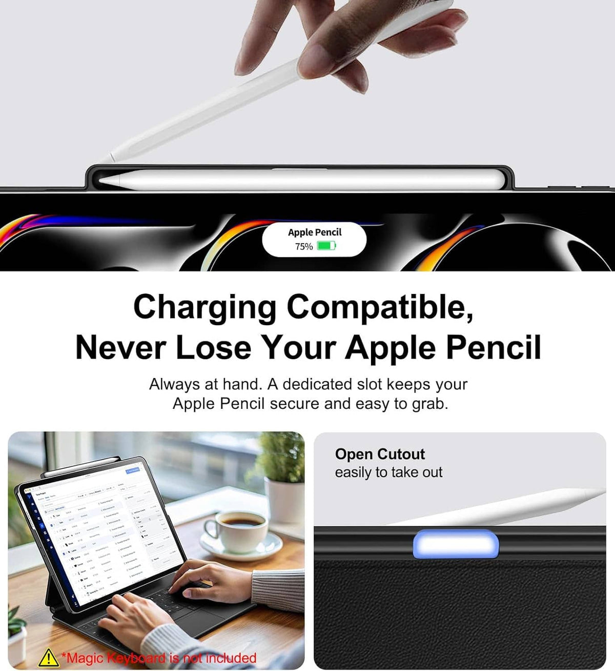 Black tablet case with Apple Pencil charging slot and open cutout