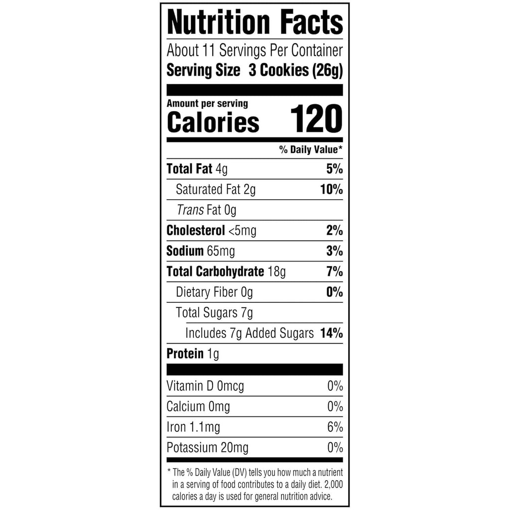 Nutrition Facts label showing 3 cookies (26g) serving size and 120 calories