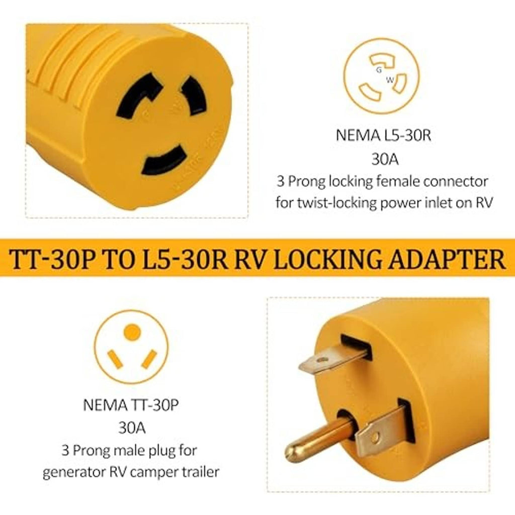 Yellow RV power adapter close-up of locking female connector and side prongs.