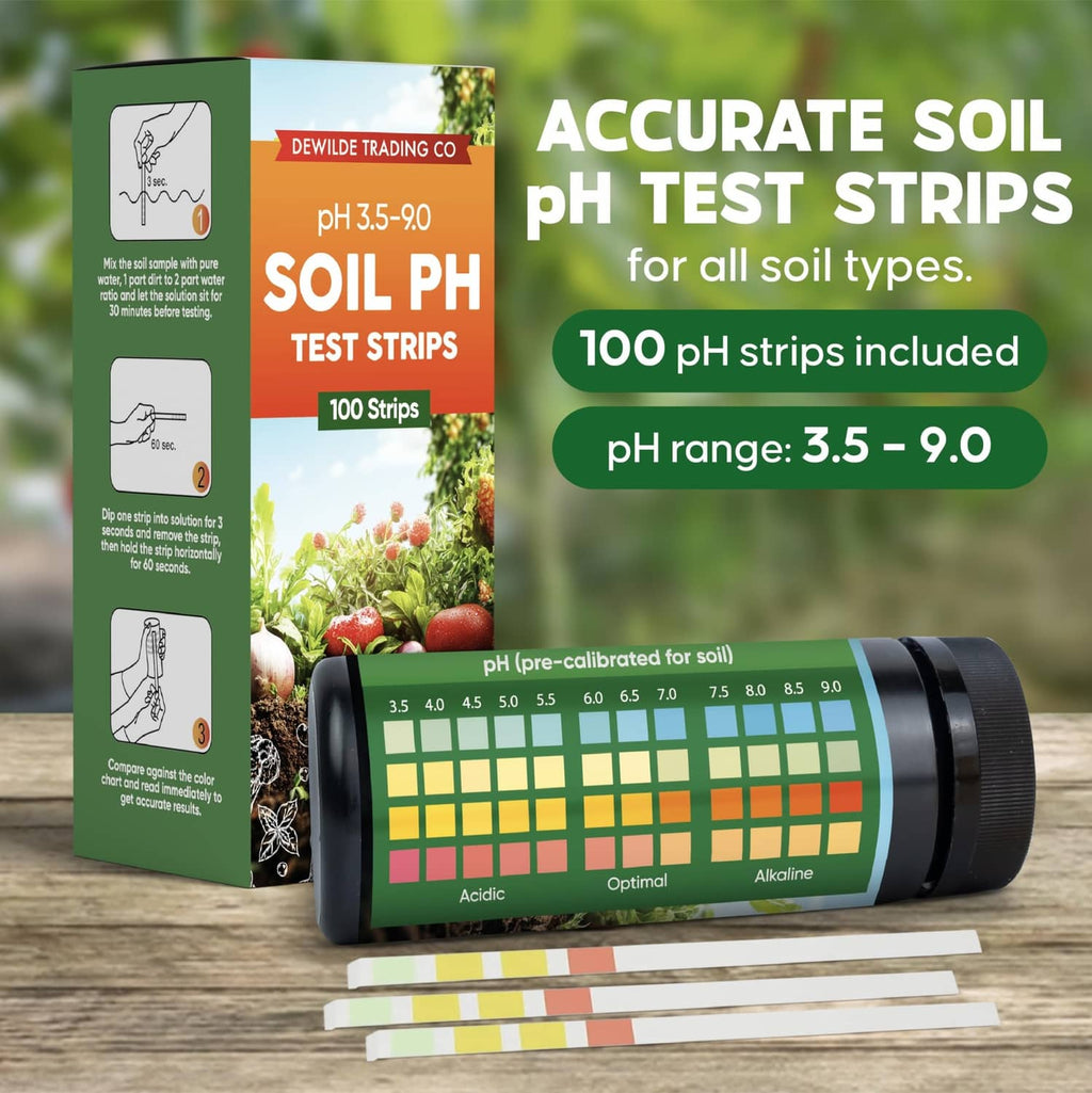 Soil pH test strips kit with box, bottle, and included strips on a table