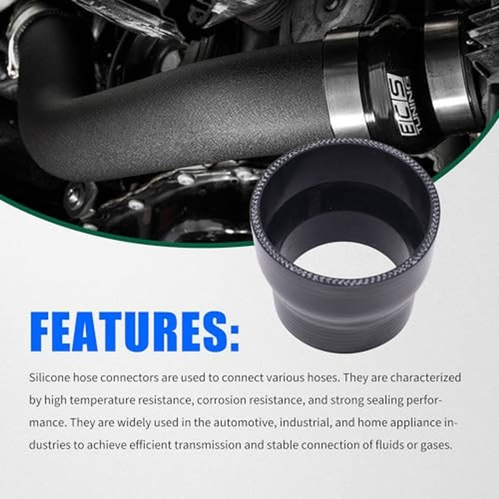 Black silicone hose connector reducer, close-up, textured ribbed body and reinforced rim
