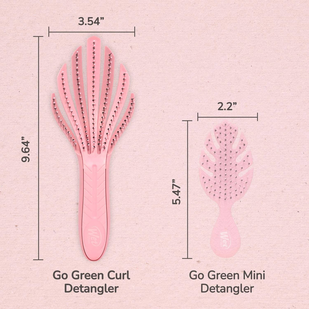 Curl detangler hair brush set layout showing Go Green size dimensions