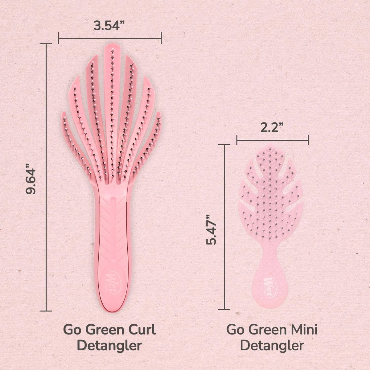 Curl detangler hair brush set layout showing Go Green size dimensions