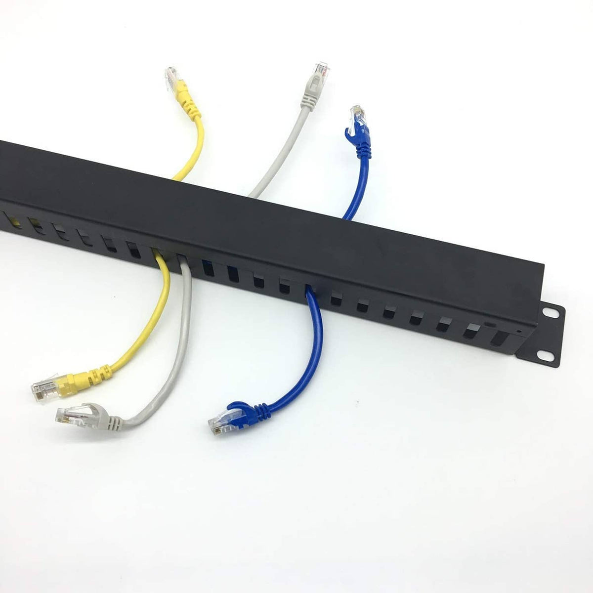 Black 1U cable manager with vented slots routing network cables