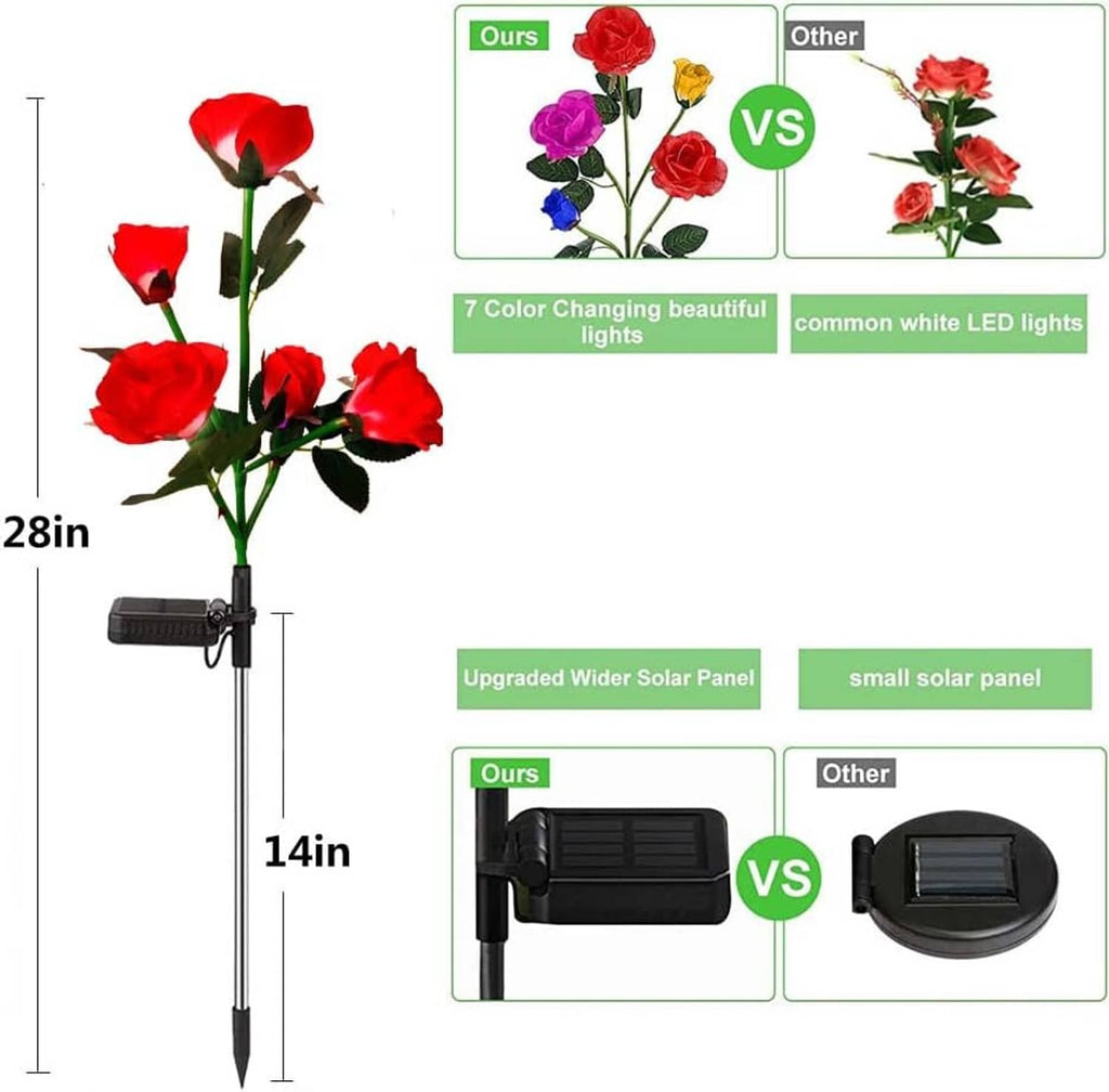 Single solar rose garden light with black solar panel stake and flower bloom
