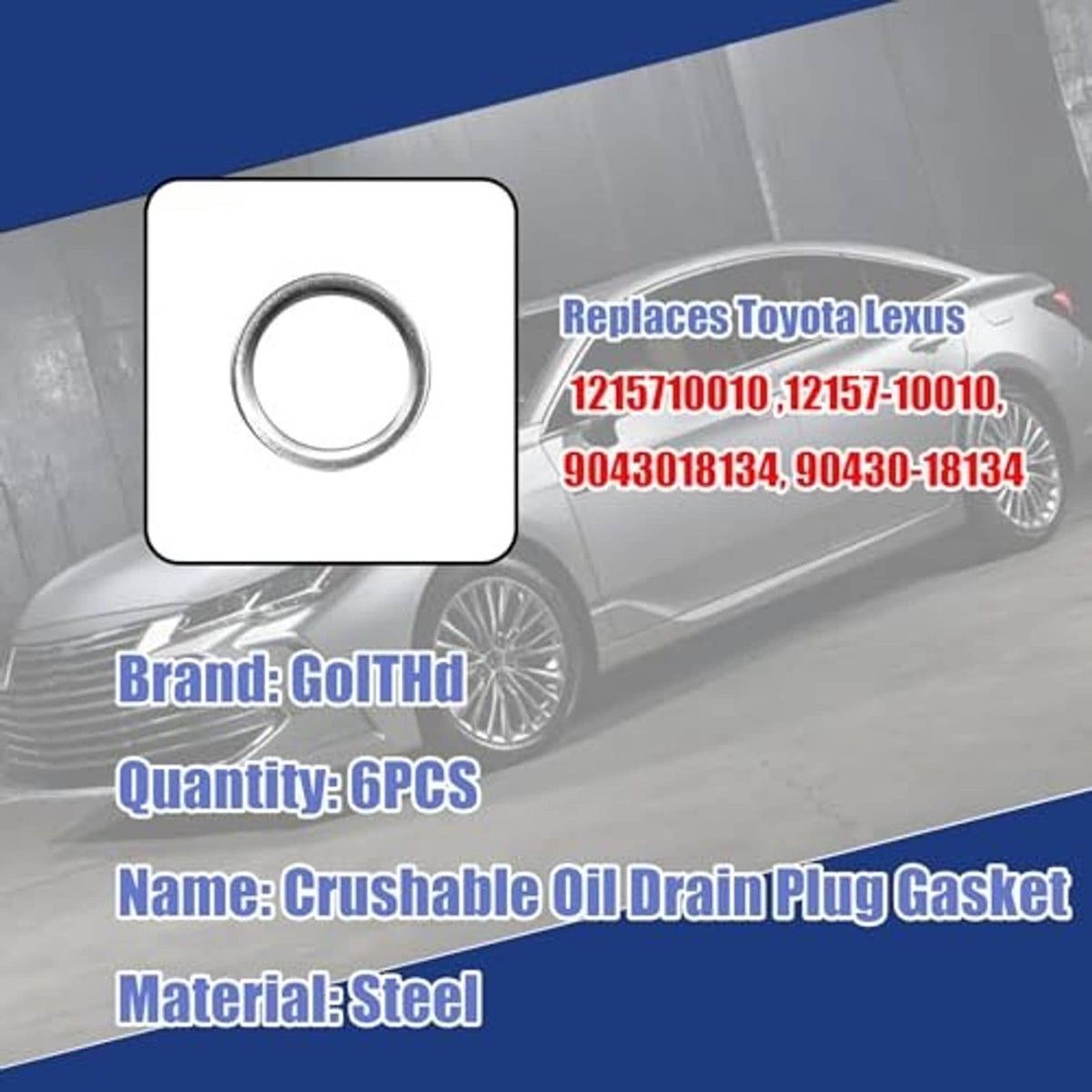 Steel crushable oil drain plug gasket, replacement fitment card, 6-pack