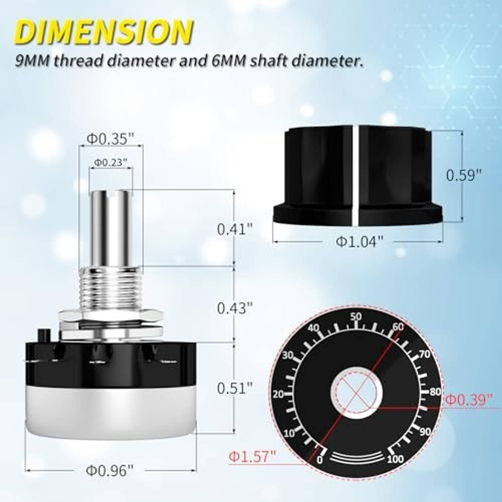 Rotary potentiometer with silver threaded shaft and black body, shown with size measurements