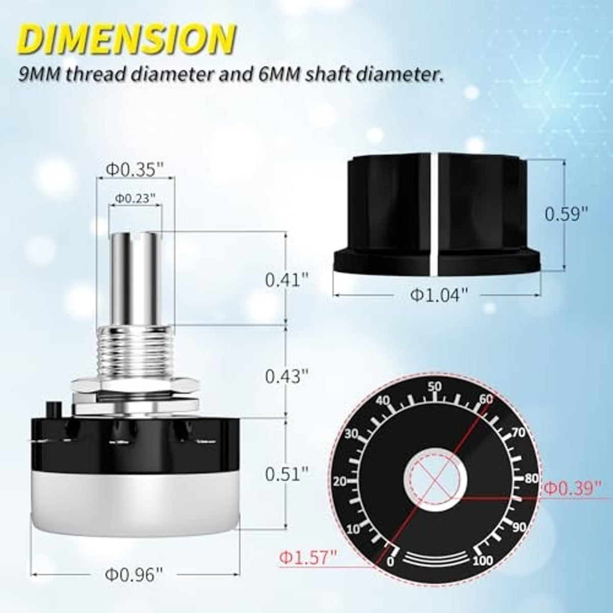 Rotary potentiometer with silver threaded shaft and black body, shown with size measurements