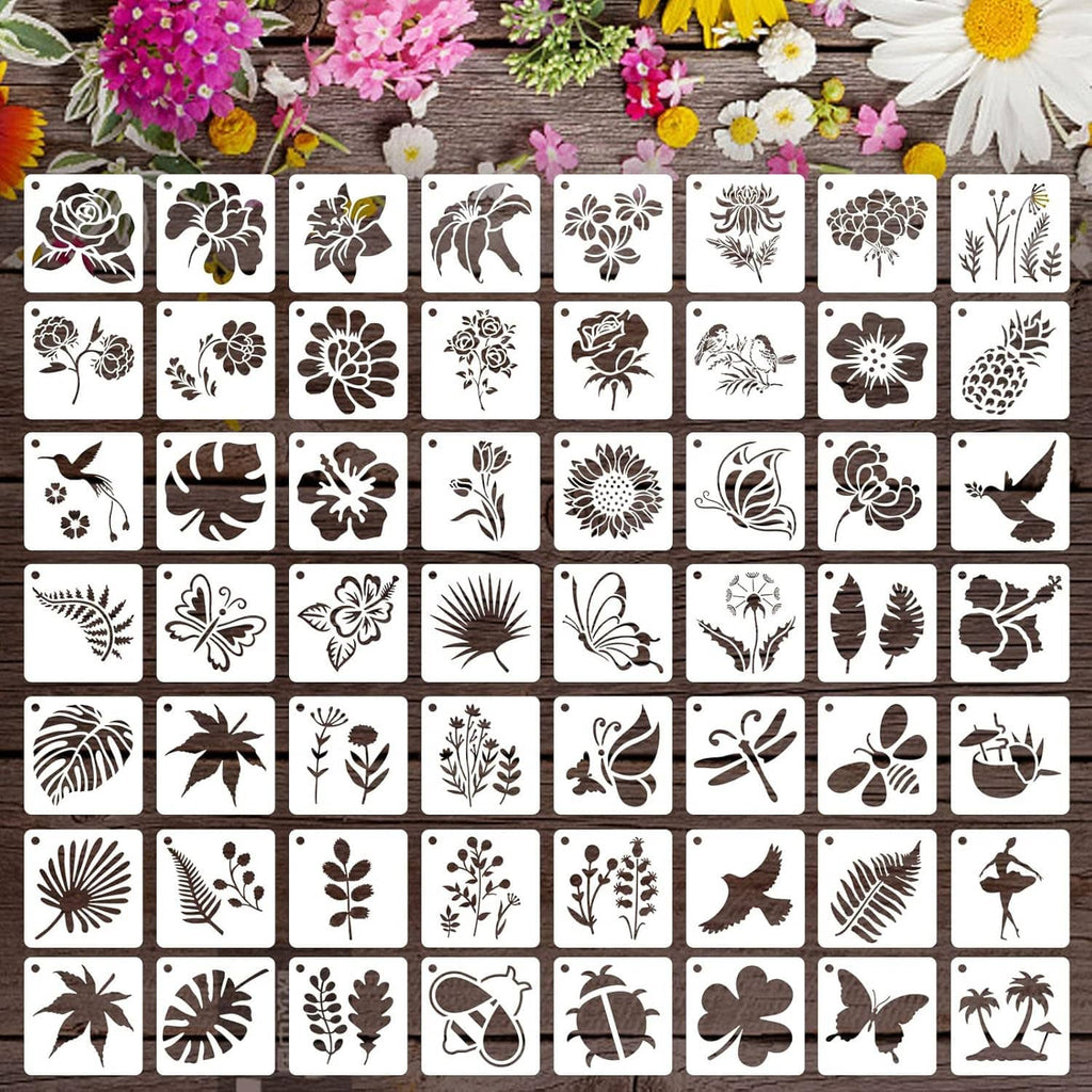 Flower, butterfly, and bird stencil set with multiple cut-out designs in a grid.