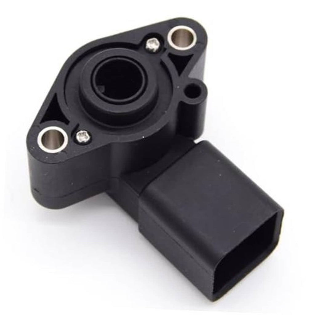 Black rotational position sensor with mounting holes and electrical connector