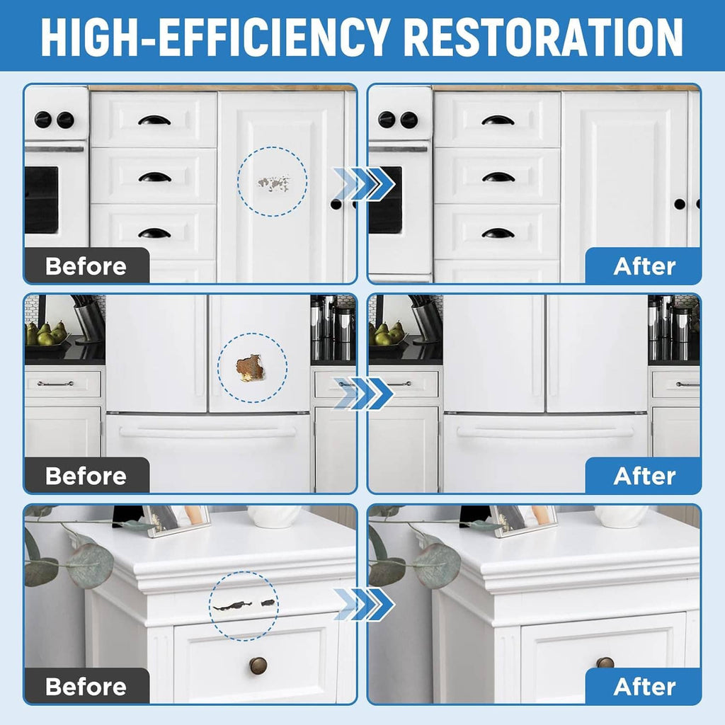 Multi-surface touch-up paint high-efficiency restoration before-and-after on white kitchen cabinets