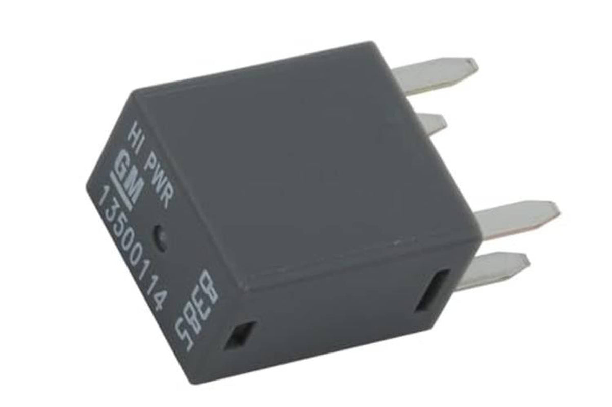 Dark gray relay with three visible flat blade pins and printed markings