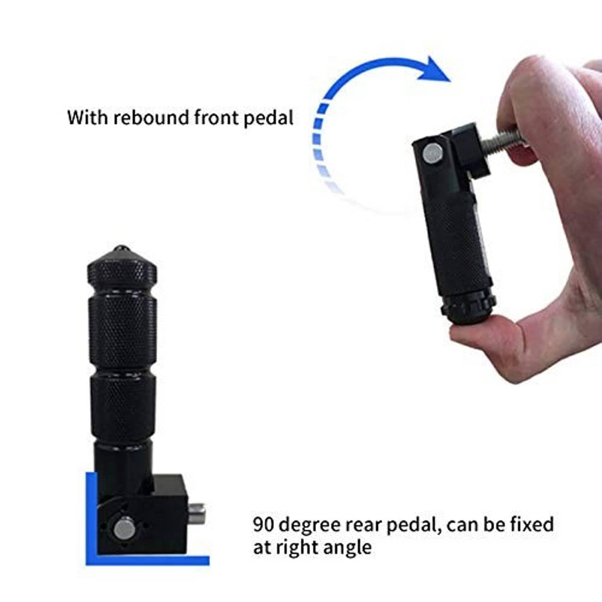 Universal motorcycle foot pegs with black textured grips and adjustable pivot bracket