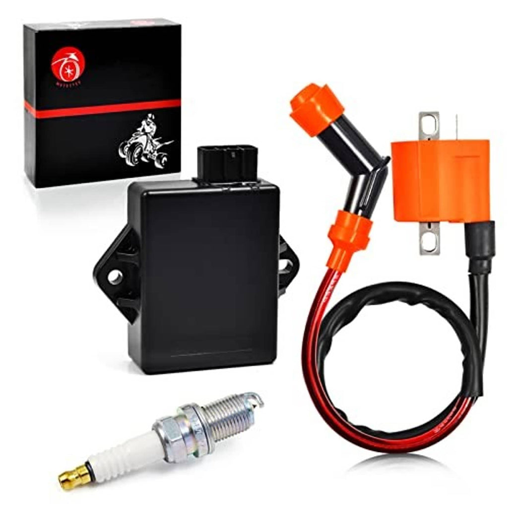 CDI ignition coil module kit with orange connector, black box, and spark plug