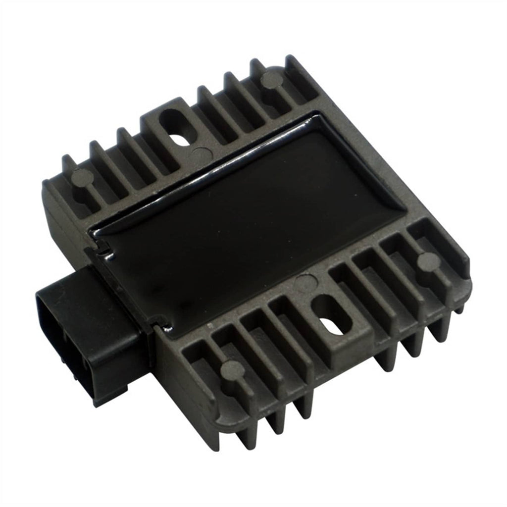 Voltage regulator rectifier angled view with glossy plate, cooling fins, and black connector