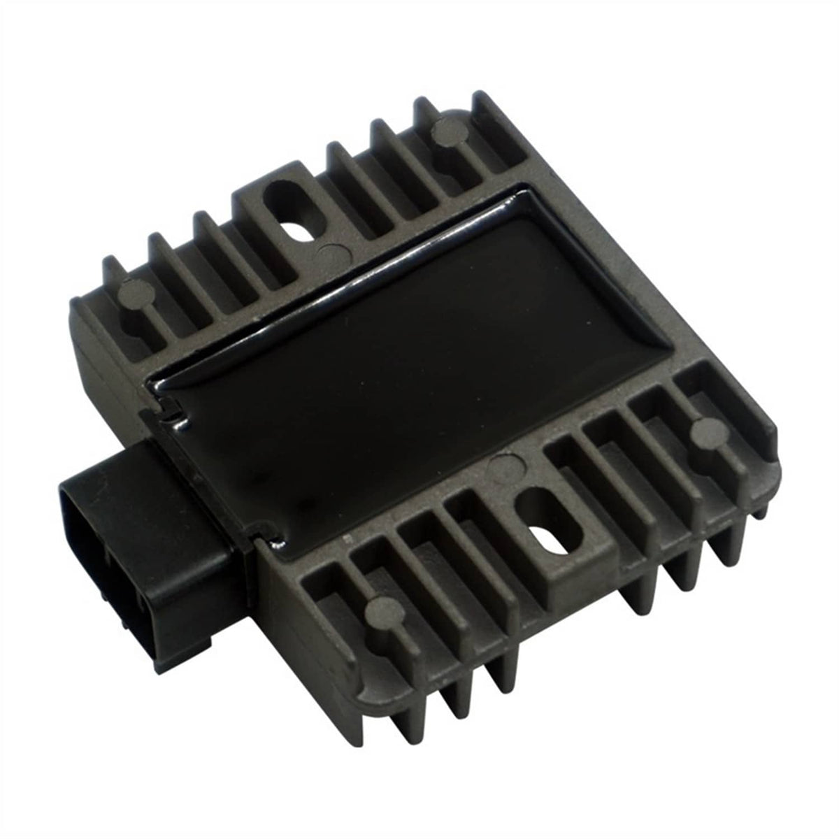 Voltage regulator rectifier angled view with glossy plate, cooling fins, and black connector