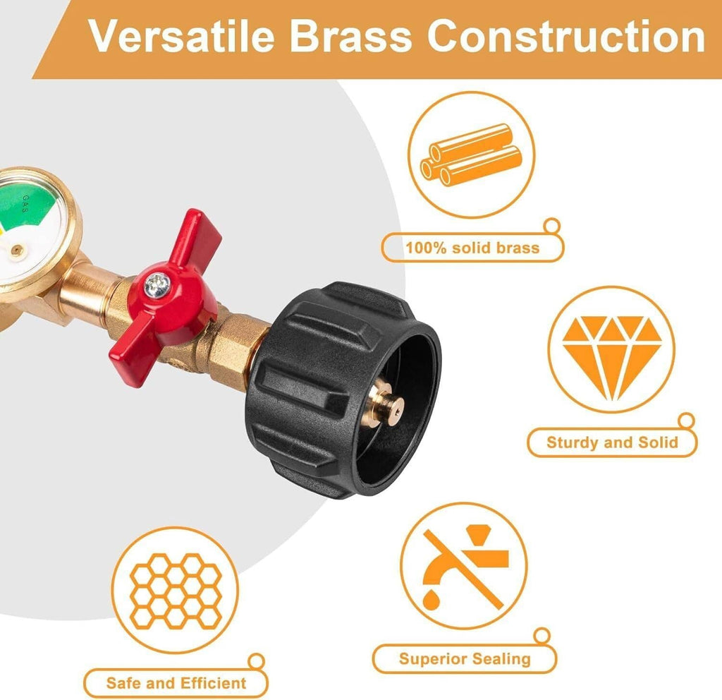 Brass propane refill adapter with red lever valve, black connector, and dial gauge