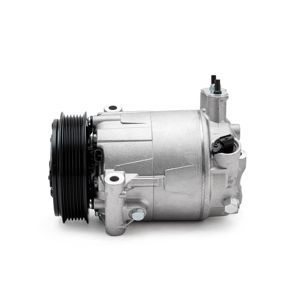 A/C compressor with pulley and clutch, silver metal body with side electrical connector