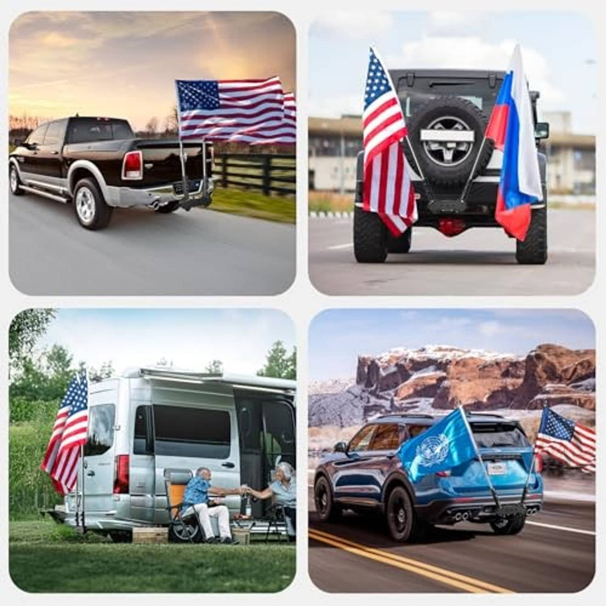 Hitch-mounted flagpole holder with two upright poles on a pickup and trailer