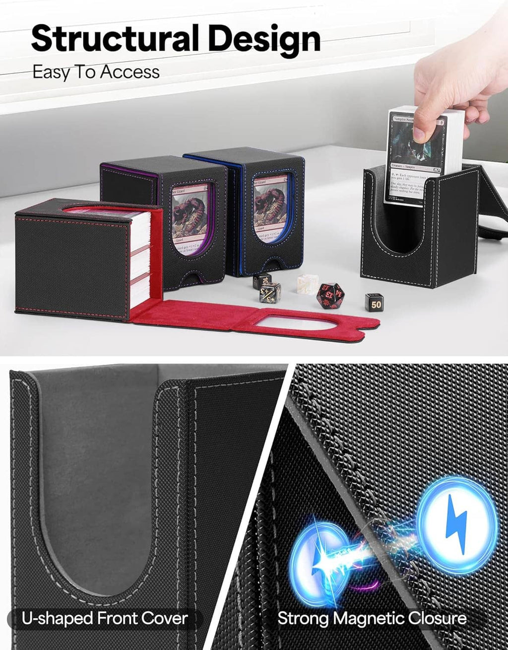 Black card deck box showing U-shaped front cover and strong magnetic closure